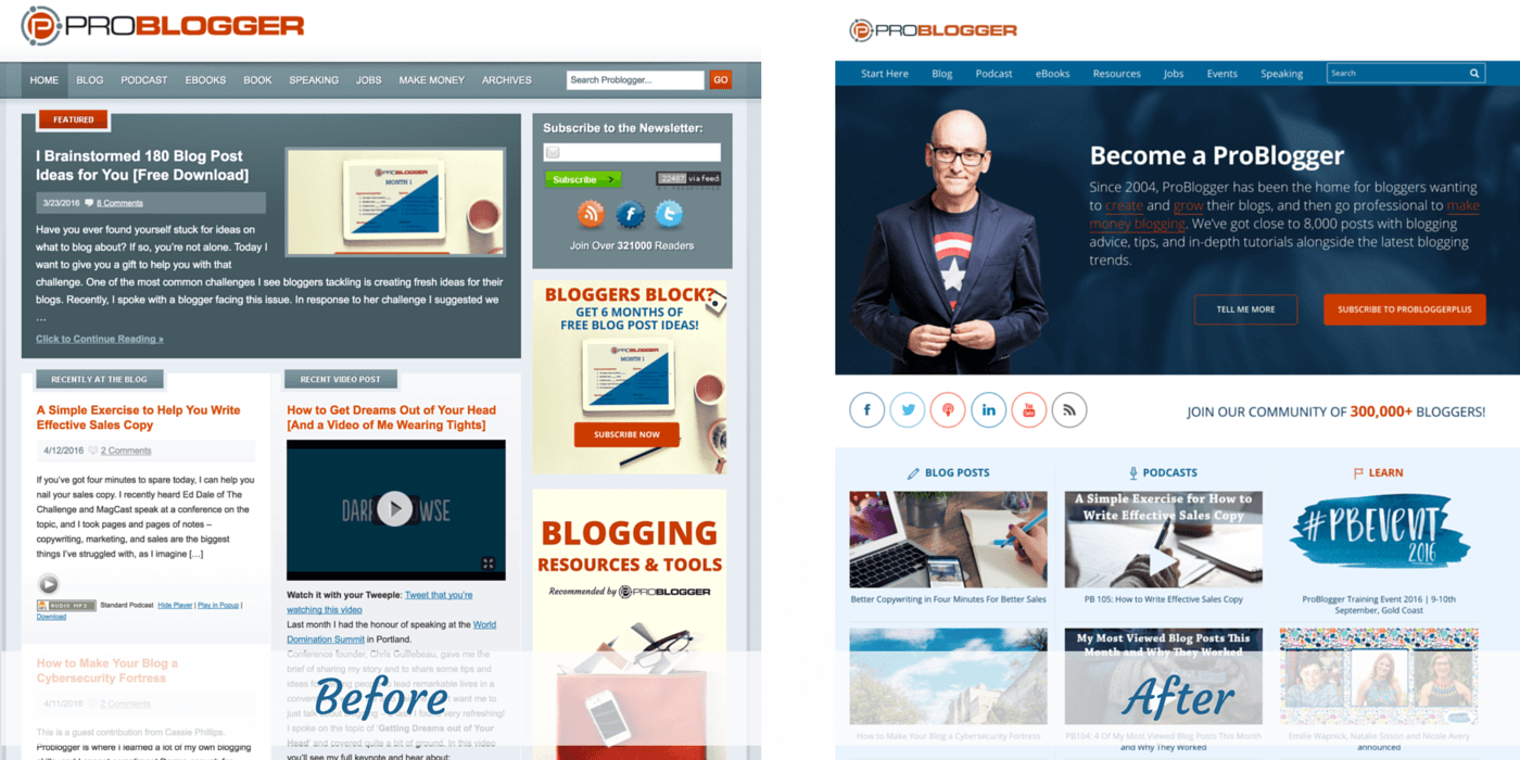 ProBlogger site design before and after