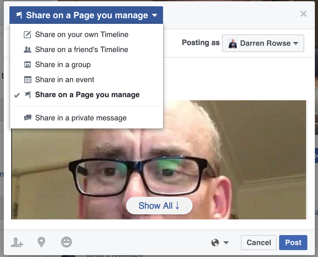 facebook live video share to page or group